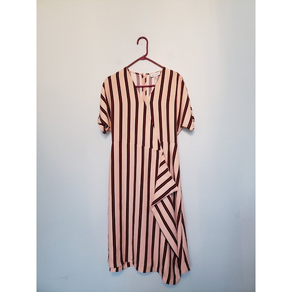 Gibson Latimer Womens 6 Midi Dress V Neck Pink Stripes Ruffle Short Sleeve NWT - Picture 1 of 5